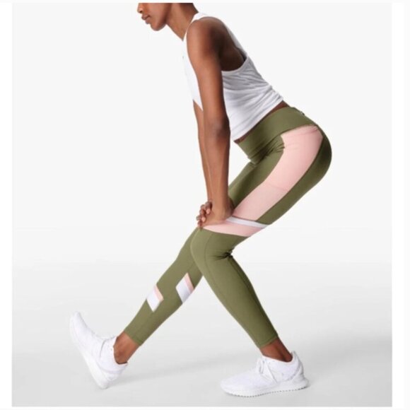 Sweaty Betty Power Full Length Leggings Moss Green Pink Stripe - Picture 1 of 8